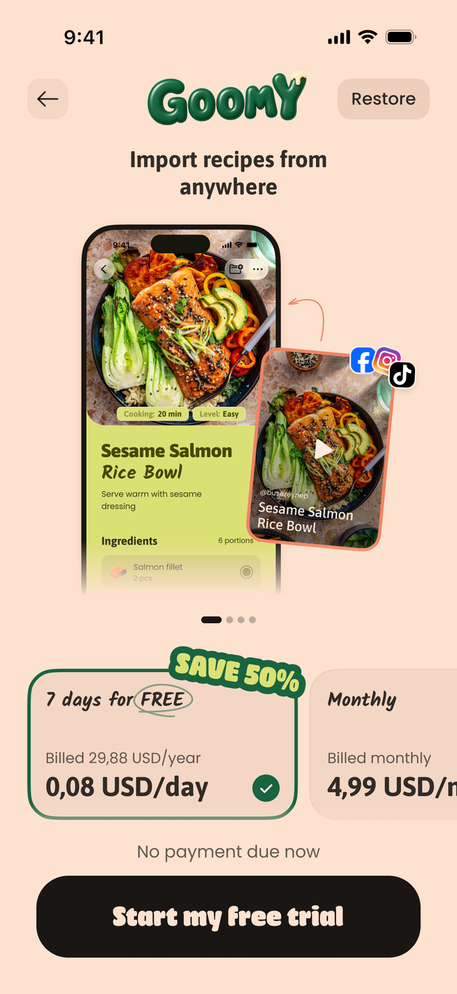GoomY recipe import subscription screen
