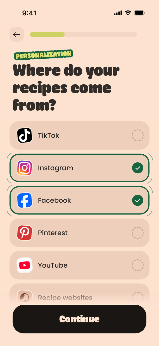 GoomY recipe source personalization screen